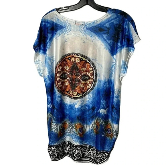 Vtg Y2K SPORT  WORLD BLUE tunic,women one size,blue,shirred,beads,boho,coastal - Picture 7 of 10